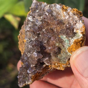 May include: A close-up of a mineral specimen featuring clusters of translucent, crystalline structures in shades of brown and gray. The mineral is set against a backdrop of a rusty, orange-brown matrix with hints of green.