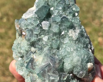 UV-Reactive Cubic Green Fluorite: Madagascar Specimen with Stand