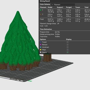 K&ouml;nnte beinhalten: Ein 3D-Modell eines gr&uuml;nen und braunen Baumes auf einem digitalen Raster. Das Slicing Result-Panel zeigt Daten an, darunter einen Gesamtverbrauch von 211,17 g Filament, eine Druckzeit von 7h39m und 29 Filamentwechsel.