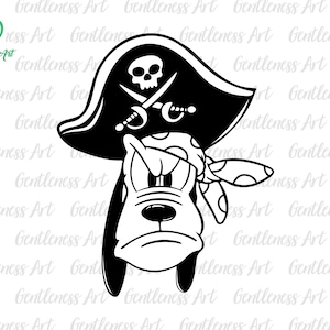 May include: Black and white illustration of a cartoon dog wearing a pirate hat with a skull and crossbones. The dog is wearing a polka dot bandana and has a grumpy expression.