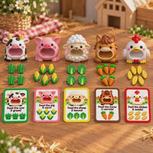 May include: A set of five animal-shaped feeding toys including a cow, pig, sheep, horse, and chicken, accompanied by small plastic food pieces and five game cards with instructions like Feed the cow 3 grass and Feed the pig 5 corn.
