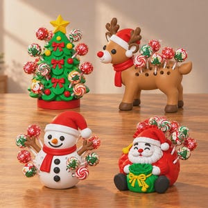 May include: Four holiday-themed plastic lollipop holders shaped like a green Christmas tree with a yellow star, a brown reindeer with a red scarf, a white snowman with a red hat, and a Santa Claus figure, each holding multiple round lollipops.