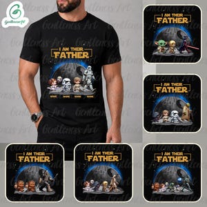 May include: Black t-shirt with the text "I AM THEIR FATHER" and various Star Wars character designs. The shirt features a Death Star graphic and several character illustrations, including Yoda, Darth Vader, and Stormtroopers.