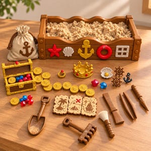 May include: A pirate-themed sensory play set featuring a brown wooden sandbox filled with sand, a drawstring bag with an anchor print, a treasure chest with plastic gems and coins, a gold crown, tools, and a three-piece treasure map puzzle.