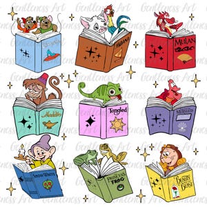 ClipArt del simpatico club del libro "Princess Sidekicks", regalo per amanti dei libri, bibliotecario dei nani in formato PNG, tour di lettura delle principesse in formato PNG, personaggi dei cartoni animati in formato PNG