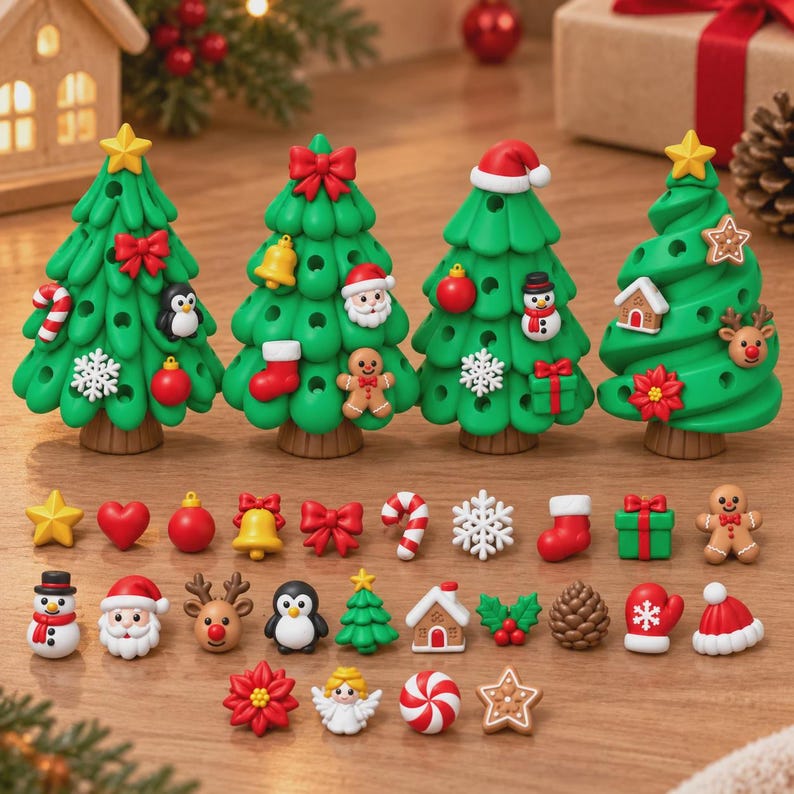 K&ouml;nnte beinhalten: Vier gr&uuml;ne Weihnachtsbaum-Figuren mit braunen St&auml;mmen, die jeweils L&ouml;cher zum Anbringen kleiner Ornamente aufweisen. Das Set enth&auml;lt verschiedene Miniaturdekorationen wie Sterne, Schneem&auml;nner, Lebkuchenm&auml;nner, Weihnachtsm&auml;nner, Zuckerstangen und Geschenke.