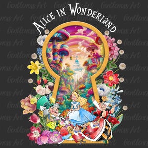 Camiseta de aventura mágica de película de acuarela Png, llave mágica de flores del país de las maravillas Clipart, princesa Png, película conejo blanco gato morado niños pequeños