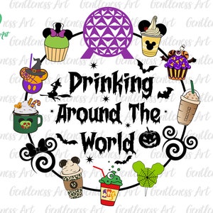 May include: A digital graphic with the text "Drinking Around The World" in black, surrounded by Halloween-themed illustrations of treats and drinks, including cupcakes, coffee, and a pumpkin. The design has a circular layout.