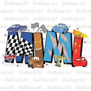 May include: A colorful graphic design featuring the letters "MIMI" with various Cars characters from the Disney Pixar movie. The letters are decorated with checkered flags, lightning bolts, and racing trophies. The characters include Mater, Lightning McQueen, and a blue race car.