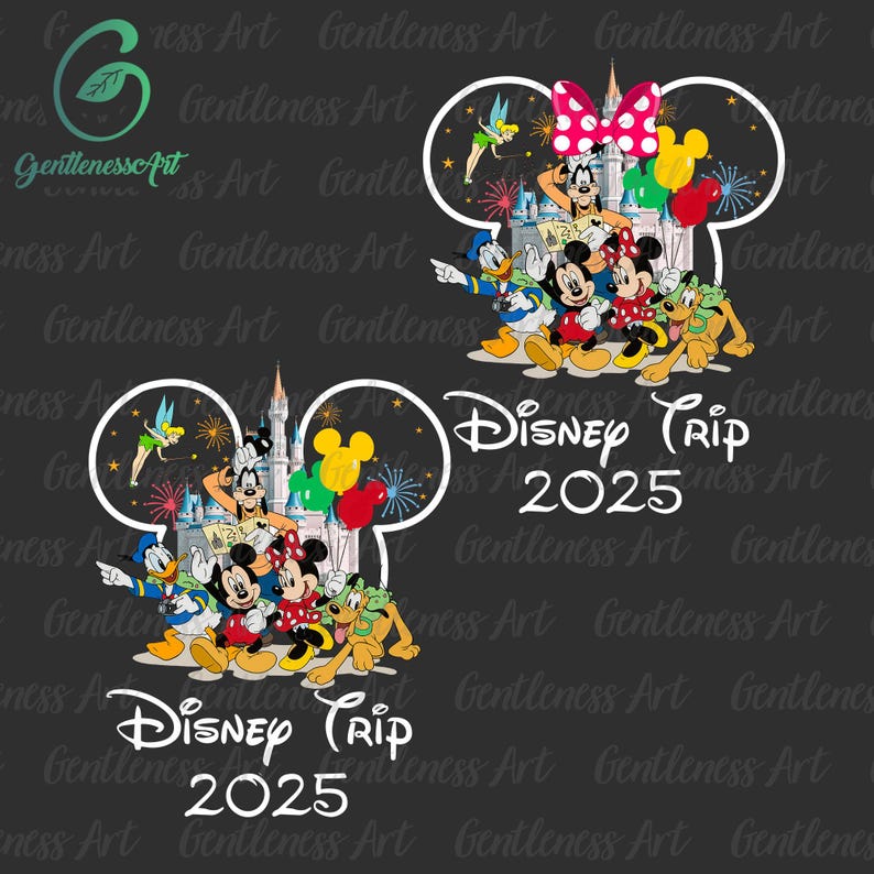 May include: A black and white illustration of Mickey Mouse and friends in front of Cinderella's Castle. The text "Disney Trip 2025" is written below the image.