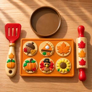 May include: A toy baking set featuring a red slotted spatula with a pumpkin motif, a brown round pan, a rectangular orange tray with six seasonal embossed cookies, and a wooden rolling pin decorated with red and orange maple leaf patterns.
