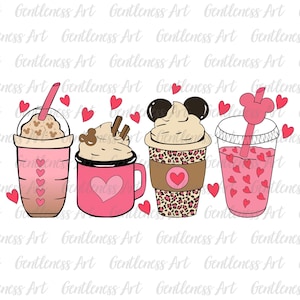 May include: Three pink and brown Valentine's Day themed coffee cups with Mickey Mouse ears and hearts. The cups are filled with coffee, whipped cream, and chocolate.