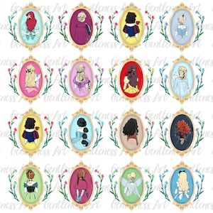 Paquete de 15+ espejos mágicos de acuarela vintage con diseño de princesas y coquetas, viaje de princesas, viaje de chicas, personajes de princesas, niñas y bebés en formato PNG