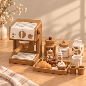May include: A brown and white toy espresso machine set including a tray with a croissant, a chocolate donut, and a cupcake. Accessories include labeled containers for coffee, sugar, milk, chocolate, and cream, plus two small cups.