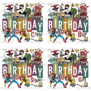 Paquete PNG de cumpleaños de superhéroe, diseño de equipo de cumpleaños, sublimación de personajes de héroe para cumpleaños de niño y niña, escuadrón de héroes para cumpleaños de niños