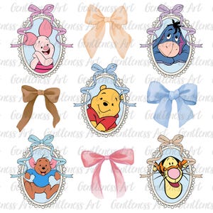 Pastel Watercolor Bear And Friends Coquette Magical Mirror Bow Png, Cartoon Coquette Bow, Magical Kingdom, Boy Girl Birthday Trip
