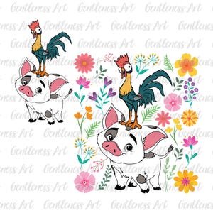 Könnte beinhalten: Eine digitale Illustration eines weißen Schweins mit schwarzen Flecken und einem roten Hahn, der auf seinem Rücken steht. Das Schwein und der Hahn sind von bunten Blumen und Blättern umgeben.