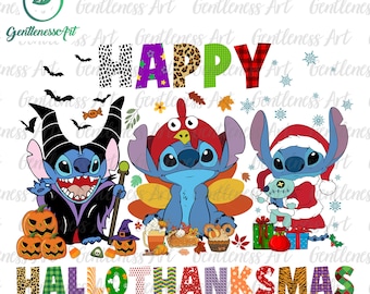 Könnte beinhalten: Eine farbenfrohe Grafik mit dem Wort "HAPPY" in verschiedenen Mustern und drei Zeichentrickfiguren in Halloween-, Thanksgiving- und Weihnachtskostümen. Das Wort "HALLOTHANKSMAS" steht unten.
