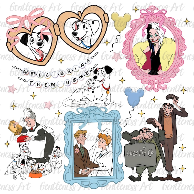 May include: A digital collage of images from the Disney movie 101 Dalmatians. The collage includes images of the Dalmatian puppies, Cruella De Vil, Roger and Anita, and the Dalmatian parents. The text "Well bring them home" is included in the collage.