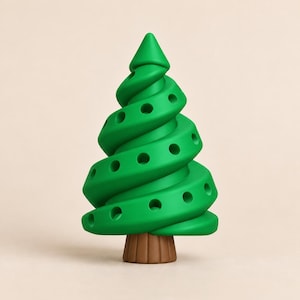 K&ouml;nnte beinhalten: Eine gr&uuml;ne, spiralf&ouml;rmige Baumfigur mit einer glatten, matten Oberfl&auml;che. Der Baum weist eine Reihe von gleichm&auml;&szlig;ig verteilten, kreisf&ouml;rmigen Vertiefungen entlang seiner gewundenen Zweige auf und steht auf einem kurzen, braunen Sockel.