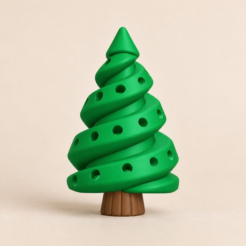 K&ouml;nnte beinhalten: Eine gr&uuml;ne, spiralf&ouml;rmige Baumfigur mit einer glatten, matten Oberfl&auml;che. Der Baum weist eine Reihe von gleichm&auml;&szlig;ig verteilten, kreisf&ouml;rmigen Vertiefungen entlang seiner gewundenen Zweige auf und steht auf einem kurzen, braunen Sockel.