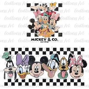 Puede incluir: Un gráfico con Mickey Mouse y sus amigos, incluyendo el Pato Donald, Minnie Mouse y Goofy, sobre un fondo a cuadros blanco y negro. También está presente el texto "Mickey & Co. Est 1928".