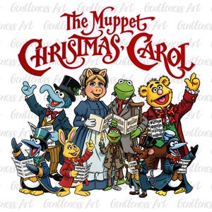 Może przedstawiać: Kolorowa ilustracja z postaciami z The Muppet Christmas Carol. Muppety ubrane są w stroje z epoki wiktoriańskiej i śpiewają kolędy. Tytuł "The Muppet Christmas Carol" jest napisany na czerwono nad postaciami.