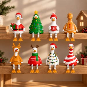 May include: A set of eight decorative duck figurines with dangling legs, each featuring different holiday themes including a Santa suit, a Christmas tree, a gingerbread pattern, reindeer antlers, and festive red and white striped designs.
