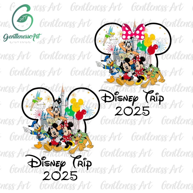May include: A digital design featuring Mickey Mouse and friends in front of Cinderella's Castle. The design includes the text "Disney Trip 2025".