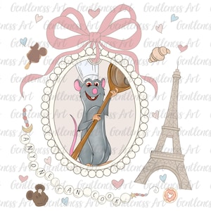 Chef de París, coqueta con lazo rosa pastel, pequeño chef, Torre Eiffel, camiseta de rata divertida, vacaciones familiares, bocadillos