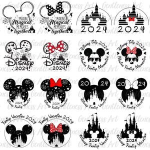 May include: A set of 10 black and white Disney-themed SVG cut files. The designs feature Mickey Mouse, Minnie Mouse, Cinderella's castle, fireworks, and the text "Disney 2024".