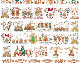 May include: A digital collage of 24 images featuring gingerbread versions of Mickey Mouse, Minnie Mouse, Pluto, Goofy, and Donald Duck. The images are themed around Christmas and the Disney theme parks. The text "Mickey & Minnie's Main Street Bakery" and "It's the Most Wonderful Time of the Year" are included in the collage.