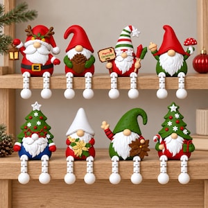 May include: A set of eight Christmas-themed gnome figurines with dangling legs, featuring various hats, white beards, and festive accessories like lanterns, pinecones, signs reading Merry Christmas, and miniature trees.