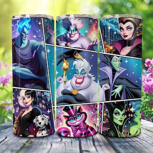 May include: Set of three stainless steel tumblers with a comic book style design featuring Disney villains. The tumblers feature Ursula, Maleficent, and Hades.