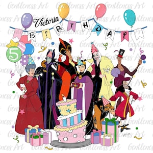 May include: A colorful illustration featuring Disney villains celebrating a birthday. The image includes a three-tiered cake, balloons, and gift boxes. Text reads "Victoria Birthday" with a number 5 balloon.