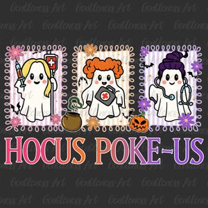 Könnte beinhalten: Halloween-Grafik mit drei Geisterfiguren in medizinischer Kleidung, jeweils in einem dekorativen Rahmen. Das Design umfasst Blumen, Fledermäuse und einen Kürbis. Der Satz "Hocus Poke-Us" ist in leuchtenden Farben geschrieben.