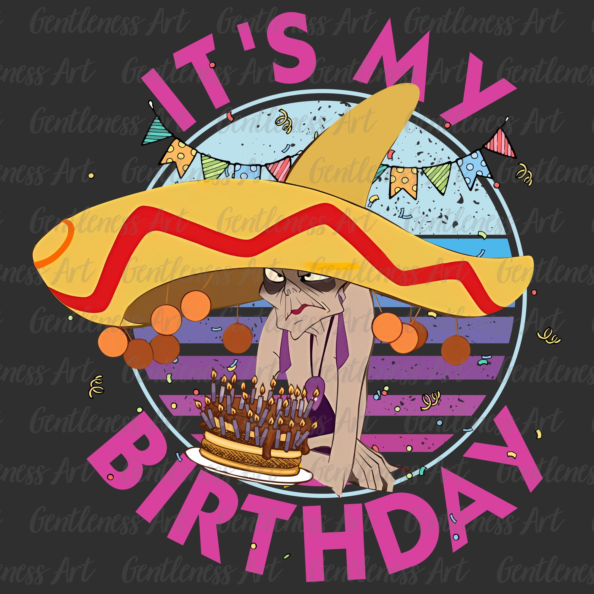 Villano vintage "Es mi cumpleaños" (Png), Vacaciones familiares 2025 (Png), Personaje villano (Png), Diseño de camiseta de villana para sublimación