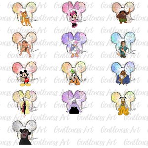 Paquete de más de 10 personajes vintage con orejas de ratón de acuarela, firma PNG, ratón y amigos, viaje familiar PNG, vacaciones a juego PNG, equipo de dibujos animados