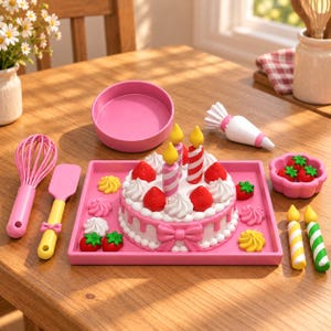 May include: A toy cake set featuring a pink tray, a round cake with white frosting, red strawberries, and striped candles. Includes a pink whisk, a yellow and pink spatula, a piping bag, a pink bowl, a small pink dish with strawberries, and two extra candles.