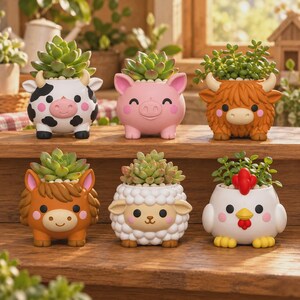 Ensemble de pots de fleurs animaux de la ferme (fichiers STL), jolis pots pour plantes succulentes, fichiers d'impression 3D, téléchargement numérique