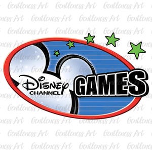 May include: A blue and red oval with the Disney Channel logo and the word "GAMES" in black. The oval is decorated with white stars and a Mickey Mouse silhouette.