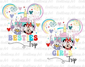 Könnte beinhalten: Eine bunte Illustration von zwei Comicfiguren, eine mit einer rosa Schleife und die andere mit einer gelben Schleife, die vor einem rosa Schloss mit Feuerwerk im Hintergrund stehen. Der Text "BESTIES Trip" befindet sich unter den Figuren.