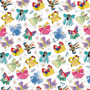 Bloemenpatroon prinses magische muis, magische wereld prinses lentepatroon, retro patroon, stof sublimatie digitaal downloadbestand