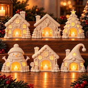 May include: A set of six cream-colored ceramic holiday figurines shaped like houses, a snowman, and a gnome, each featuring a hollow center with a glowing tea light candle inside, detailed with embossed textures like snow, trees, and stars.