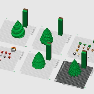 K&ouml;nnte beinhalten: Eine digitale 3D-Modellierungsoberfl&auml;che mit sechs verschiedenen Arbeitsbereichen. Diese Bereiche zeigen verschiedene gr&uuml;ne Weihnachtsbaummodelle, kleine weihnachtliche Ornamente und hohe rechteckige gr&uuml;ne Bl&ouml;cke mit braunen Oberseiten.