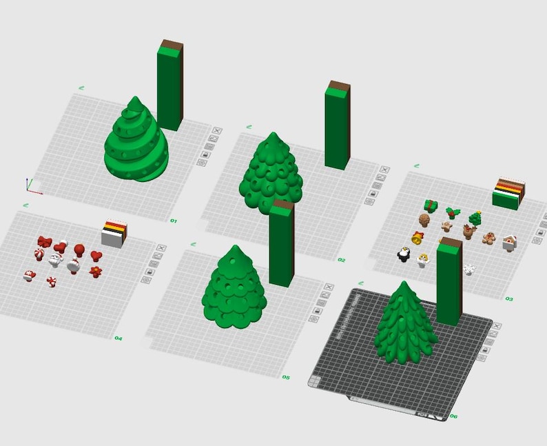 K&ouml;nnte beinhalten: Eine digitale 3D-Modellierungsoberfl&auml;che mit sechs verschiedenen Arbeitsbereichen. Diese Bereiche zeigen verschiedene gr&uuml;ne Weihnachtsbaummodelle, kleine weihnachtliche Ornamente und hohe rechteckige gr&uuml;ne Bl&ouml;cke mit braunen Oberseiten.