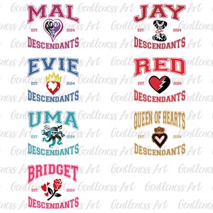 May include: A collection of graphic designs featuring names like "MAL," "JAY," and "EVI," each in a collegiate-style font. The designs include various symbols such as hearts, crowns, and a snake, with the word "DESCENDANTS" below each name.