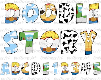 May include: Colourful letters spelling out "DOODLE STORY" and the numbers 1 through 5. Each letter and number is decorated with a different pattern, including clouds, cow spots, and a character from the movie Toy Story.