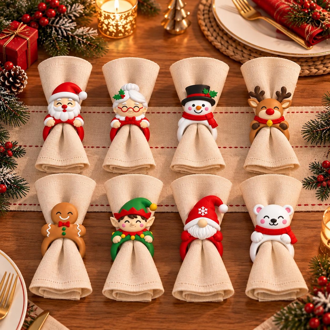 Christmas Napkin Rings STL Bundle, 8 Cute Santa Snowman Reindeer 3D ...