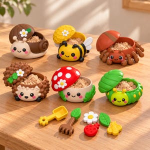 May include: Six small, round, animal-themed containers with hinged lids, each filled with light brown granular material. Characters include a snail, bee, crab, hedgehog, mushroom, and caterpillar. Includes a small yellow shovel and rake.